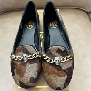 NEW Ash Camo Cow Hair Rhinestone Skull & Chain Ballet Flats